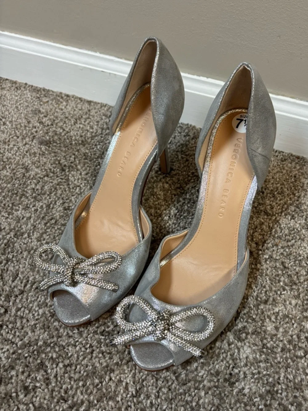 Veronica Beard Gadot Metallic Silver Rhinestone Bow Peep‎ Toe Heels